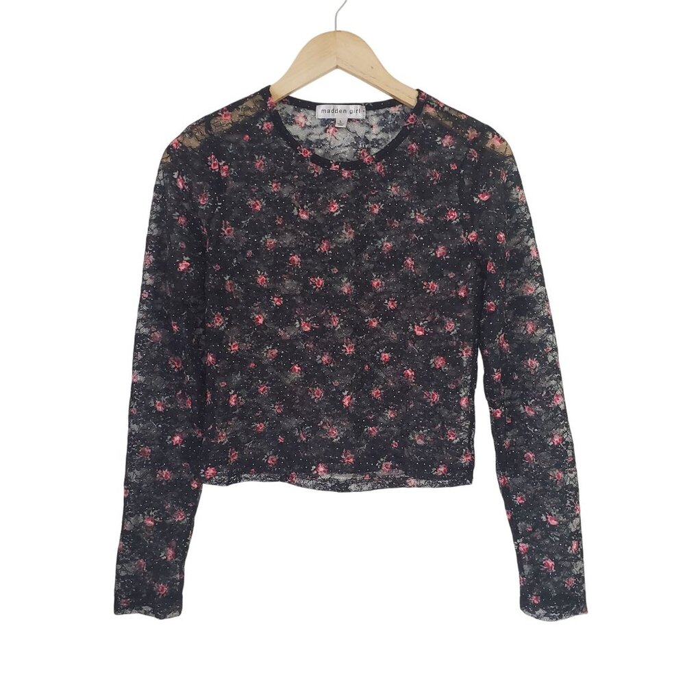 Madden Girl Juniors Black Floral Mesh Sheer Long Sleeve Top Size L Festival Rave
